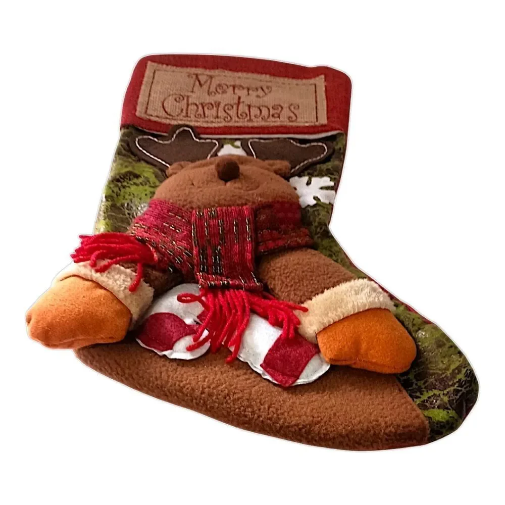 Reindeer‎ Moose Christmas Stocking Plush Folk Art Cabin Rustic Farmhouse Holiday